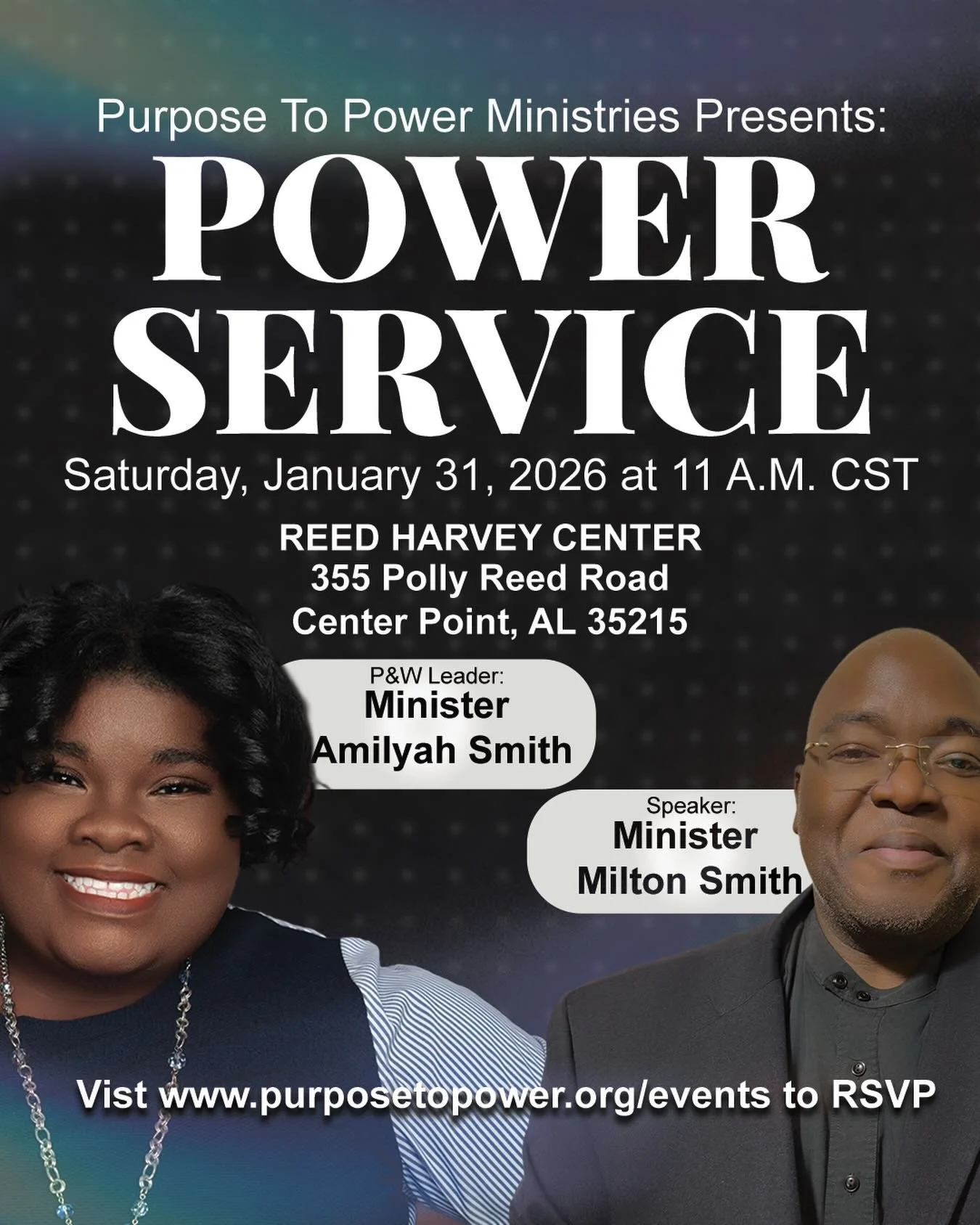 Something powerful happens when purpose meets presence.
🔥 POWER SERVICE 🔥
Come expecting renewal, community, and the move of God.
🗓 January 31, 2026 | 11 AM CST
📍 Reed Harvey Center
🔗 RSVP: www.purposetopower.org/events