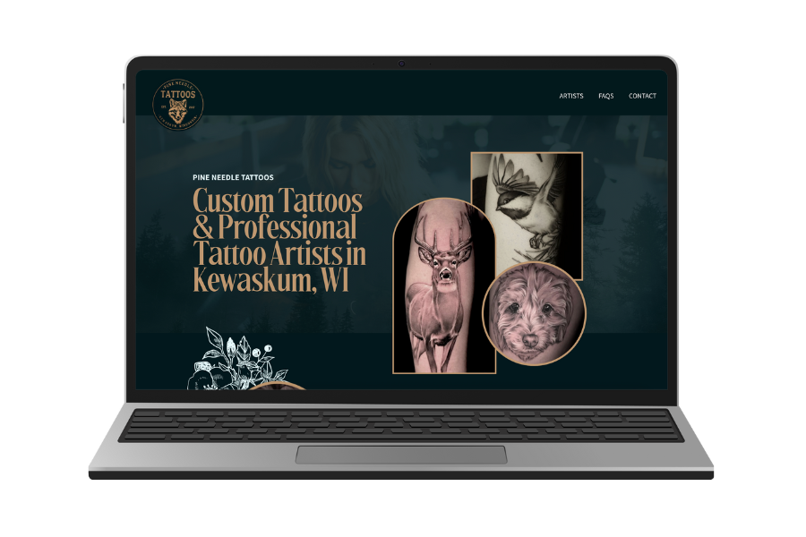 Laptop screen displaying a tattoo studio website with images of animal tattoos, text about custom tattoos and professional tattoo artists in Kewaskum, WI.