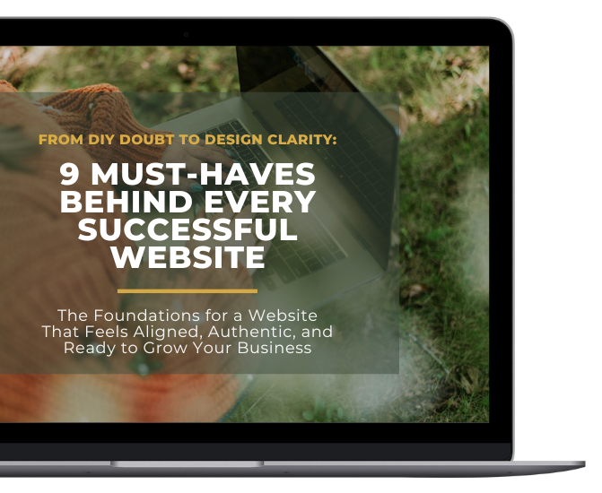 Laptop screen displaying a website with the title 'From DIY Doubt to Design Clarity: 9 Must-Haves Behind Every Successful Website' on a grassy background with a person's arm and hand visible.