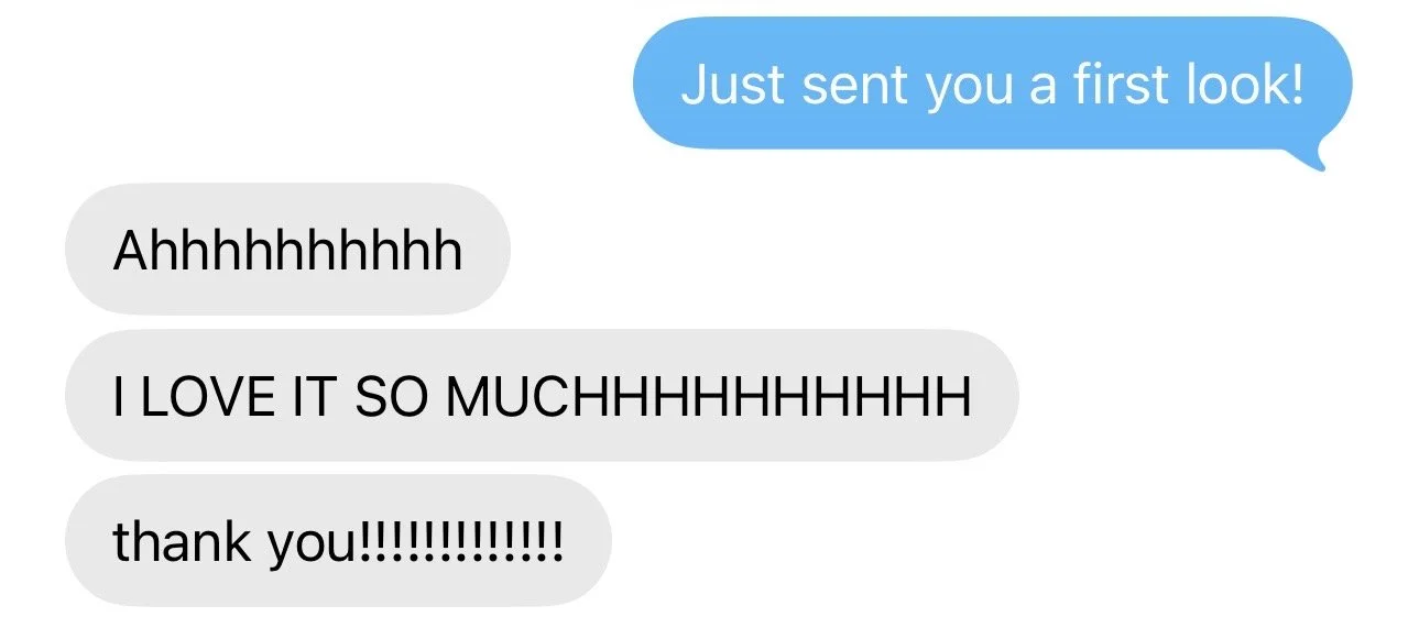 Text message conversation with blue and gray chat bubbles. The blue bubble says, "Just sent you a first look!" The gray bubbles contain enthusiastic responses.