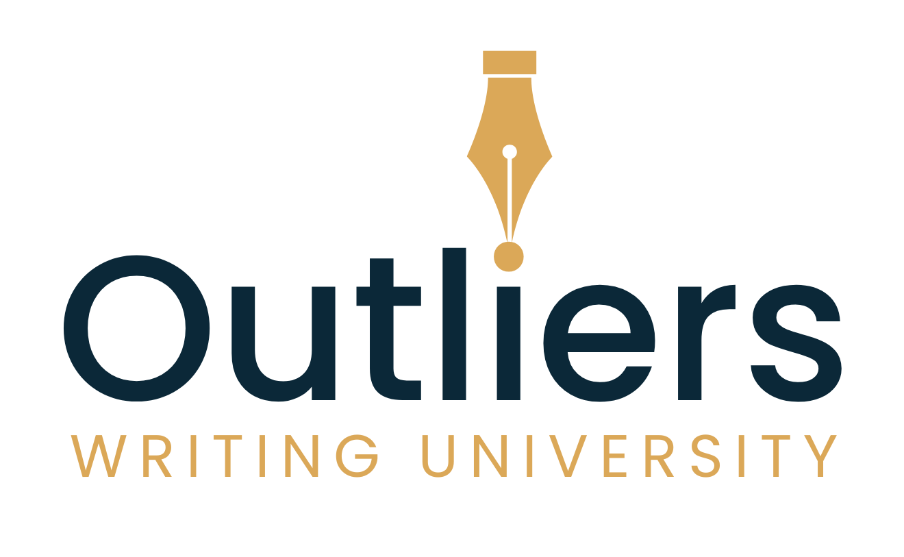 Logo for Outliers Writing University featuring a gold fountain pen nib above the text.