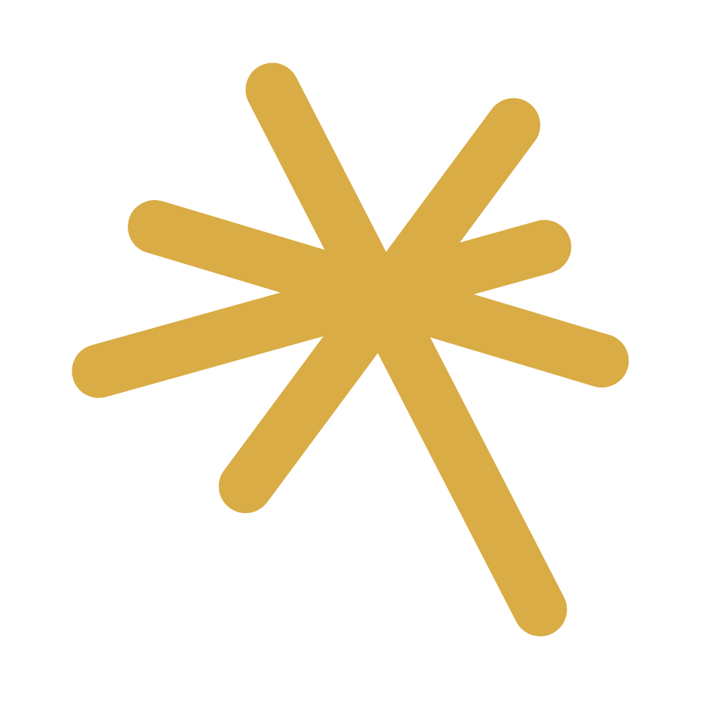 A stylized gold starburst graphic with seven radiating lines on a black background.