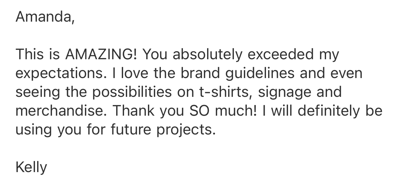 Screenshot of a positive online review praising the branding guidelines, merchandise, and future collaboration potential.