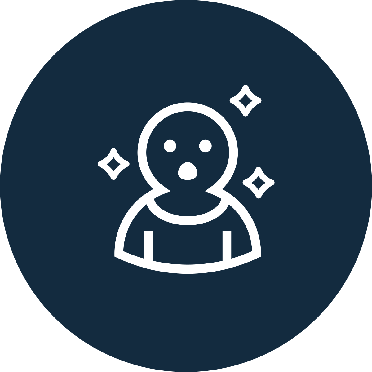 Icon of a person with a surprised facial expression, surrounded by sparkles, on a dark background.