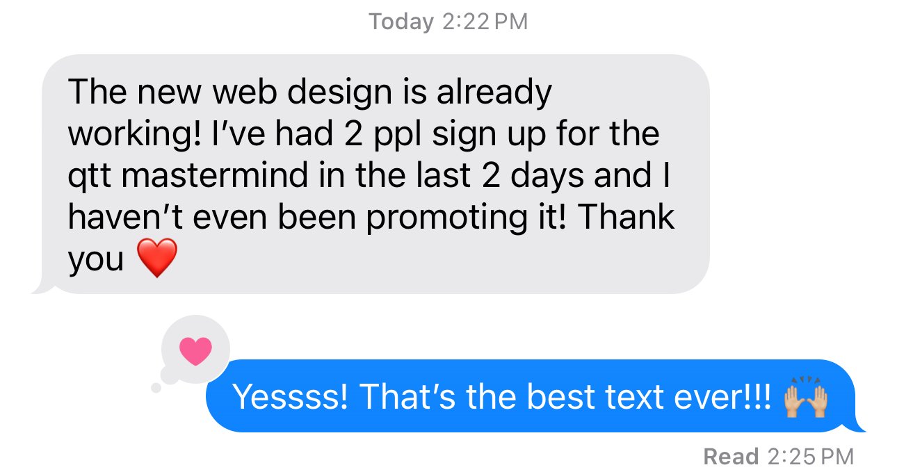 Screenshot of a text message conversation showing an update about a new website design and success in sign-ups, with emojis of a heart and raised hands.