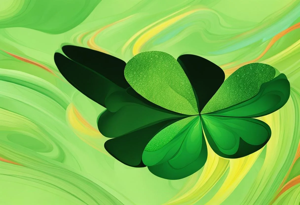 A digital illustration of a green four-leaf clover against a swirling green and yellow background.