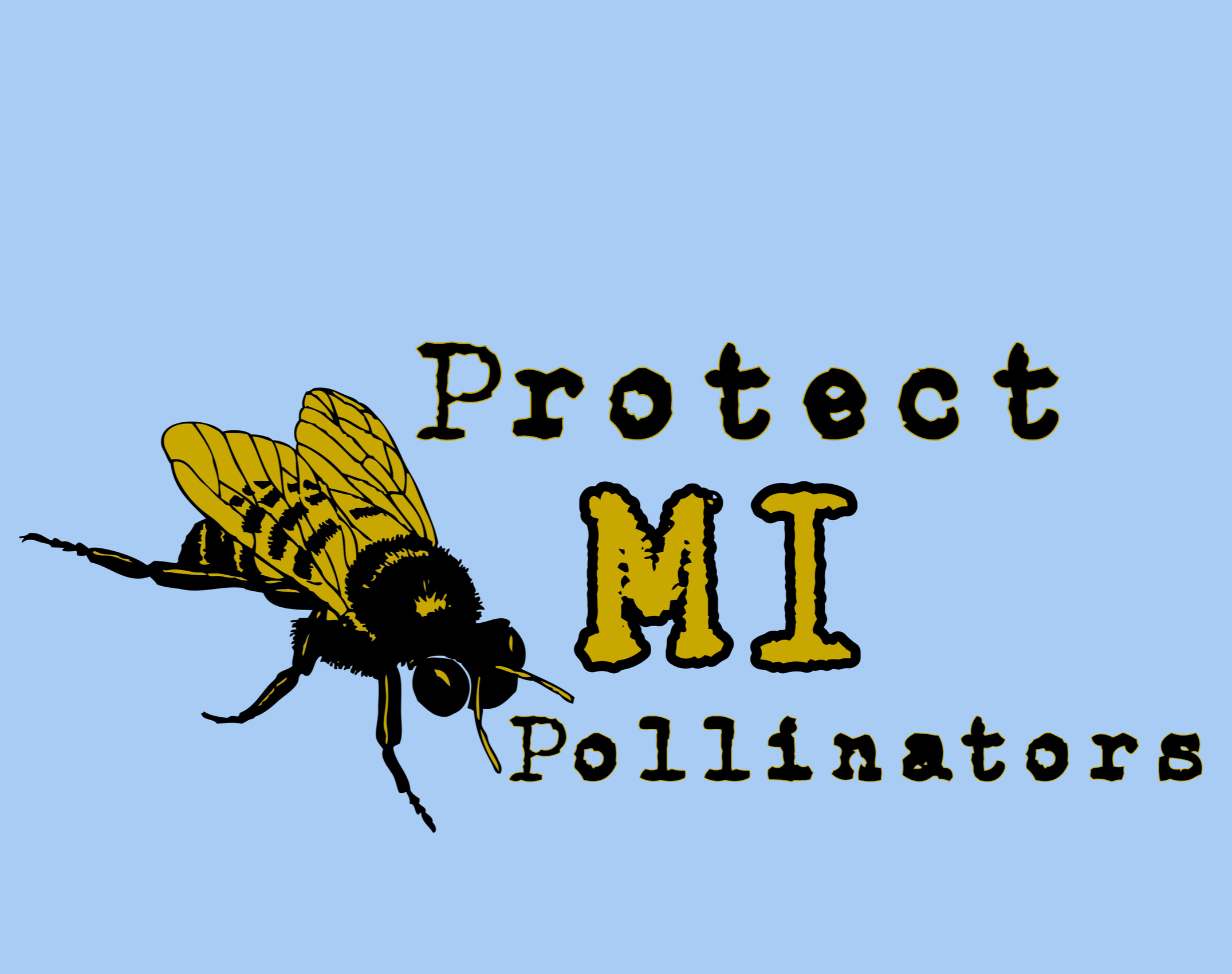 A bee with yellow and black wings and body next to the text 'Protect MI Pollinators' on a light blue background.