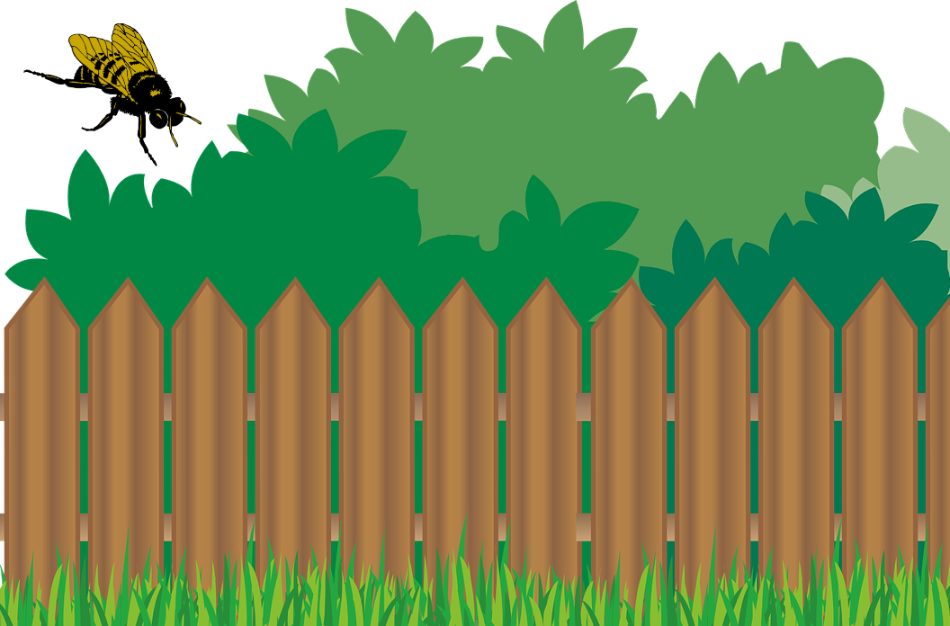 A wooden fence with green bushes behind it, a bee flying nearby, and green grass in the foreground.