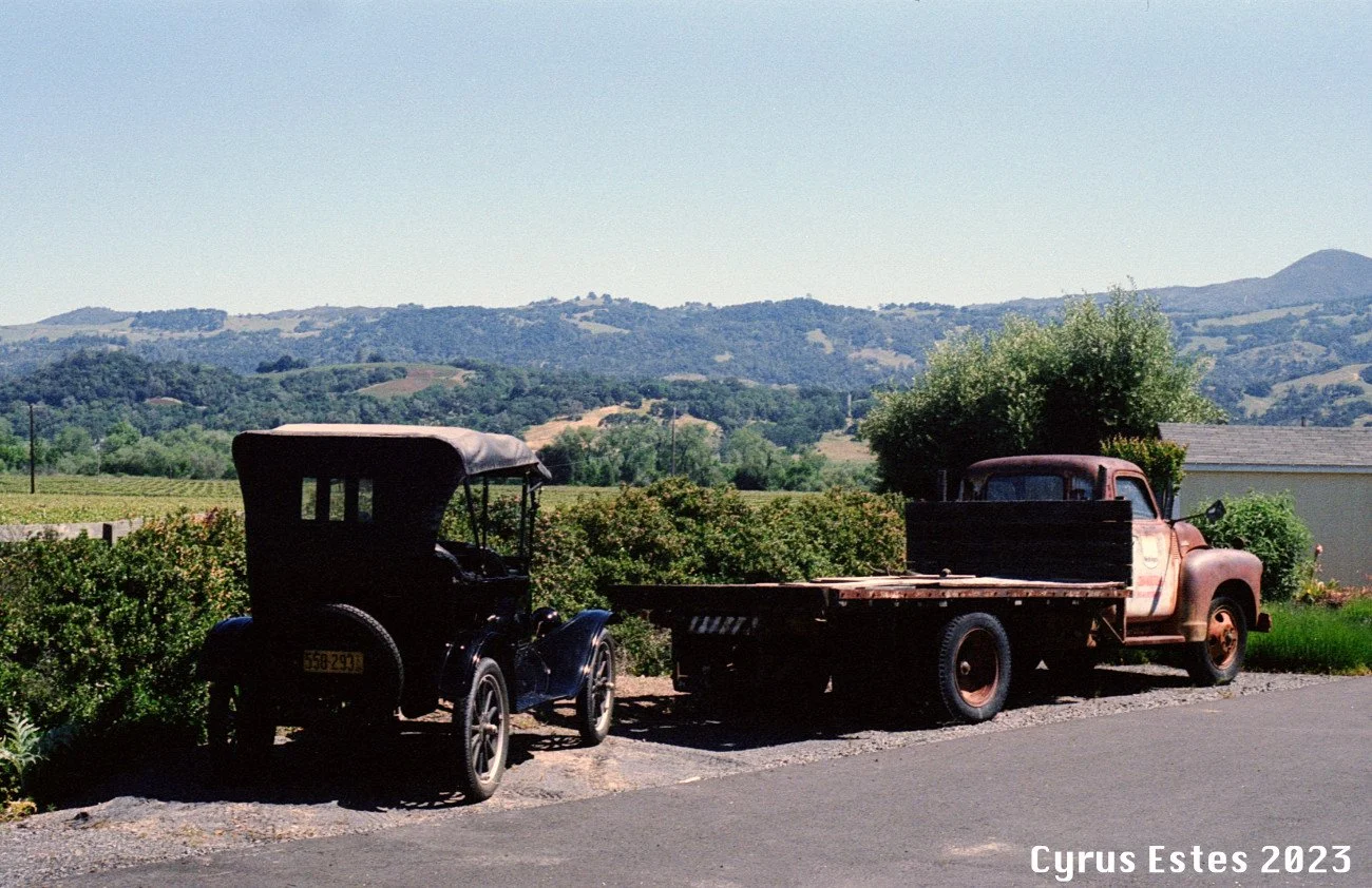 Ford Model T & Resting Flatbed. Unknown camera & 35mm film.