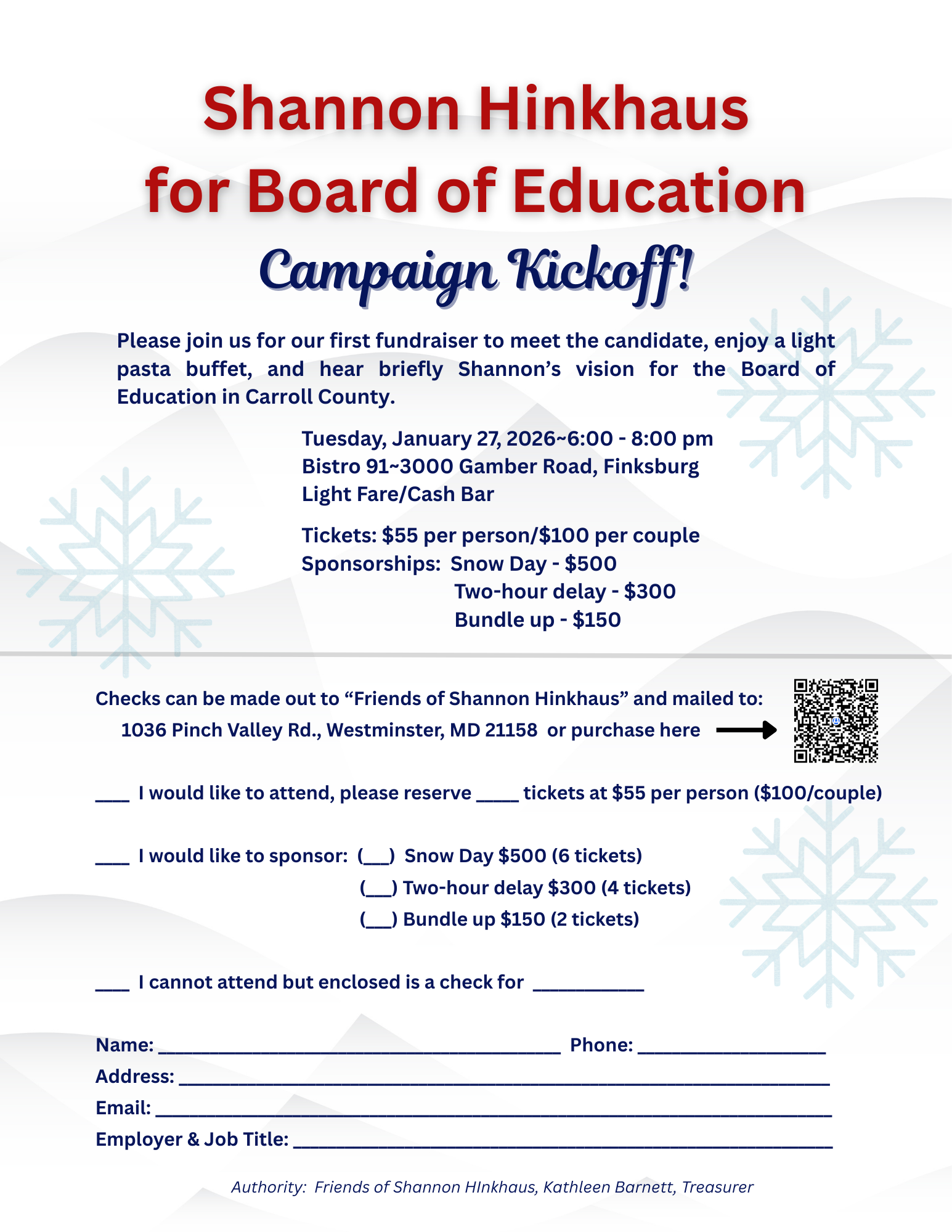 Flyer for Shannon Hinkhaus's campaign kickoff for Board of Education featuring event details, sponsorship options, and a QR code.