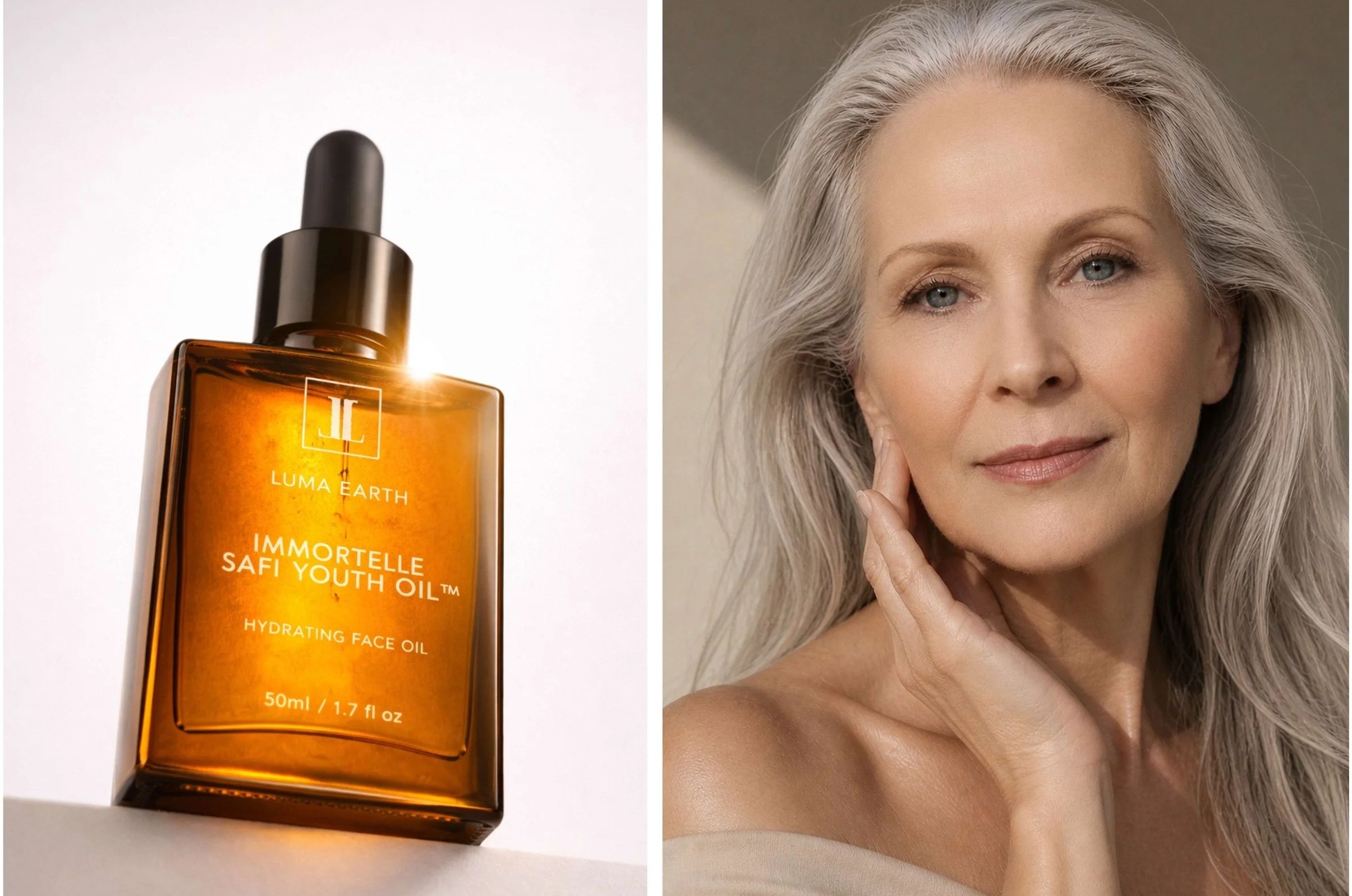 A bottle of Luma Earth Immortelle Safi Youth Oil with a woman with long silver hair and glowing skin.