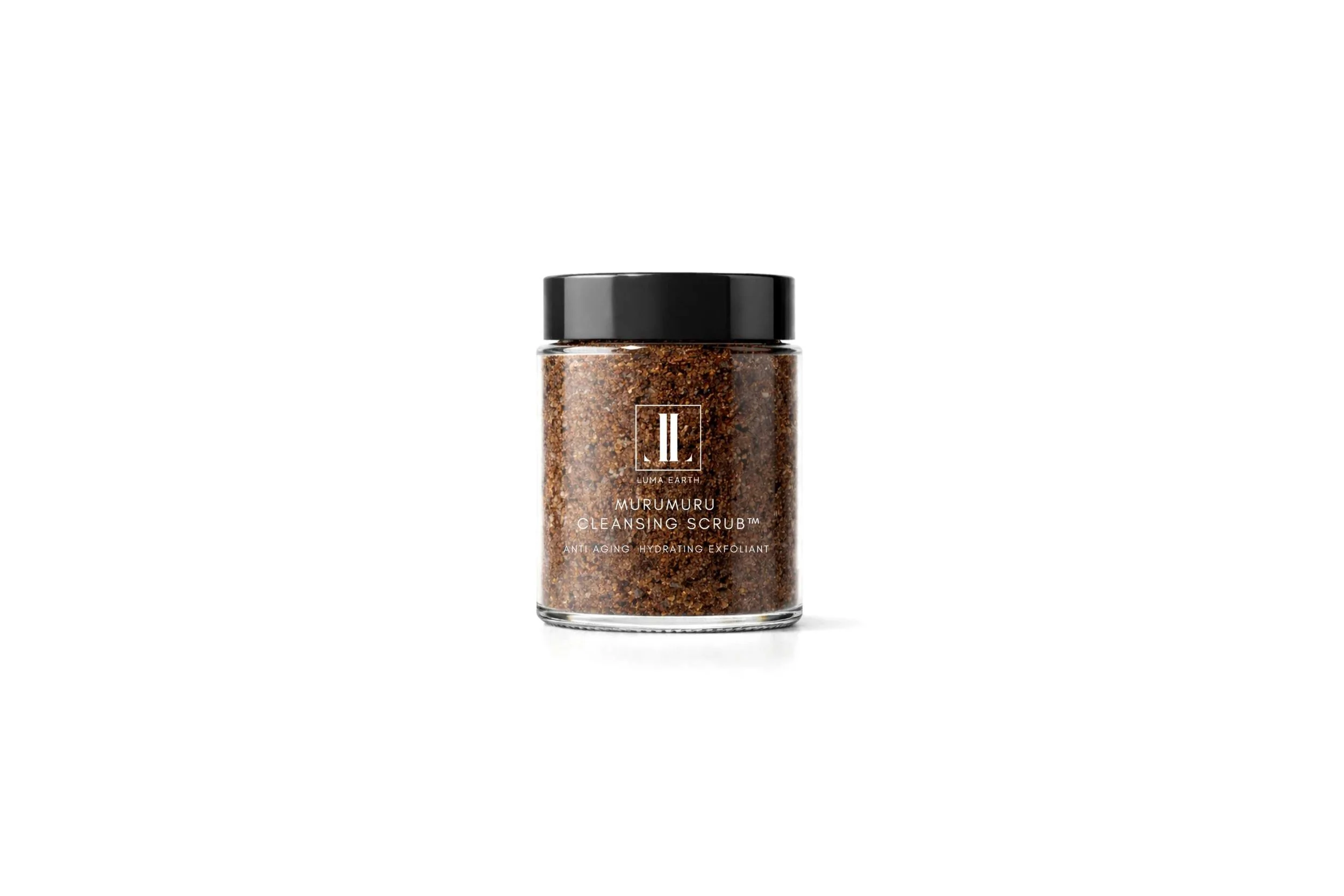 A small clear jar with a black lid containing brown exfoliating scrub labeled 'MURUMURU CLEANSING SCRUB' from Lumina Earth, with additional text indicating it is an anti-aging, hydrating exfoliant.