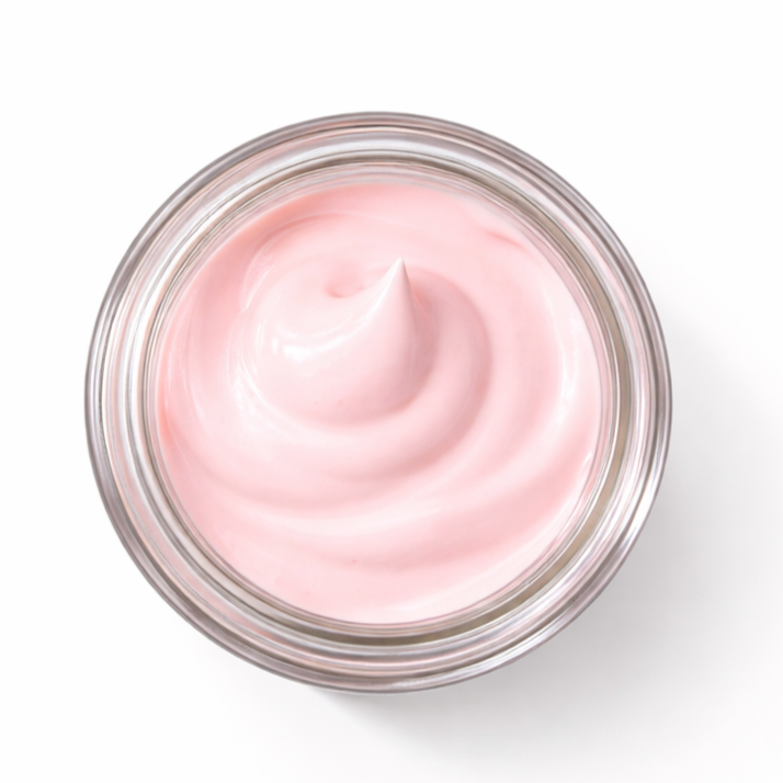 A jar of pink cream or lotion with a smooth, swirled surface, viewed from above.