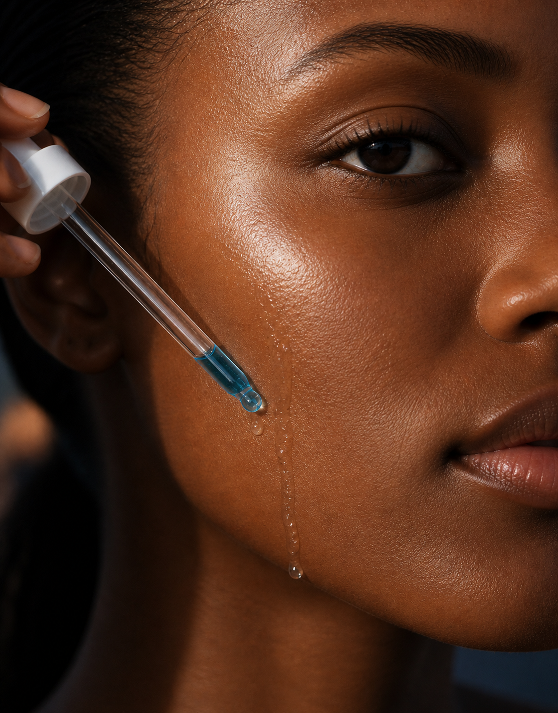 Close-up of a woman's face with a dropper releasing a blue liquid onto her cheek.