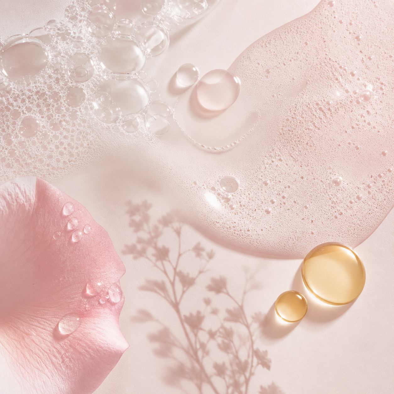 Soft pink and beige backgrounds with bubbles, oil drops, and floral shadows, creating an abstract, delicate composition.