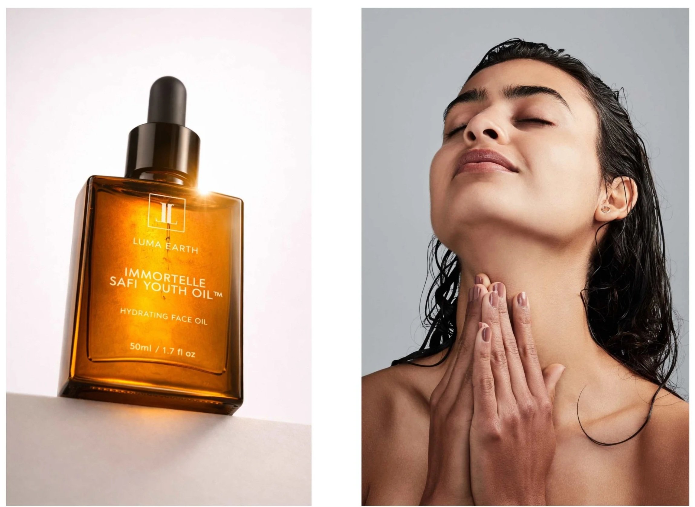A bottle of Luma Earth Immortelle Safi Youth Oil on the left and a woman gently touching her neck with a serene expression on her face on the right.