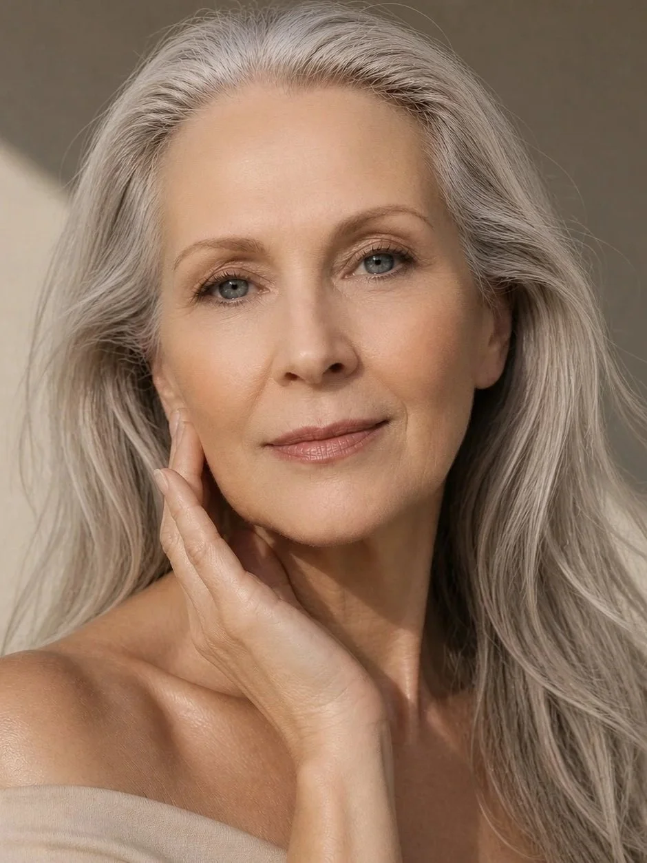 Close-up portrait of an elegant mature woman with long gray hair, blue eyes, and light makeup, gently touching her face with her hand.