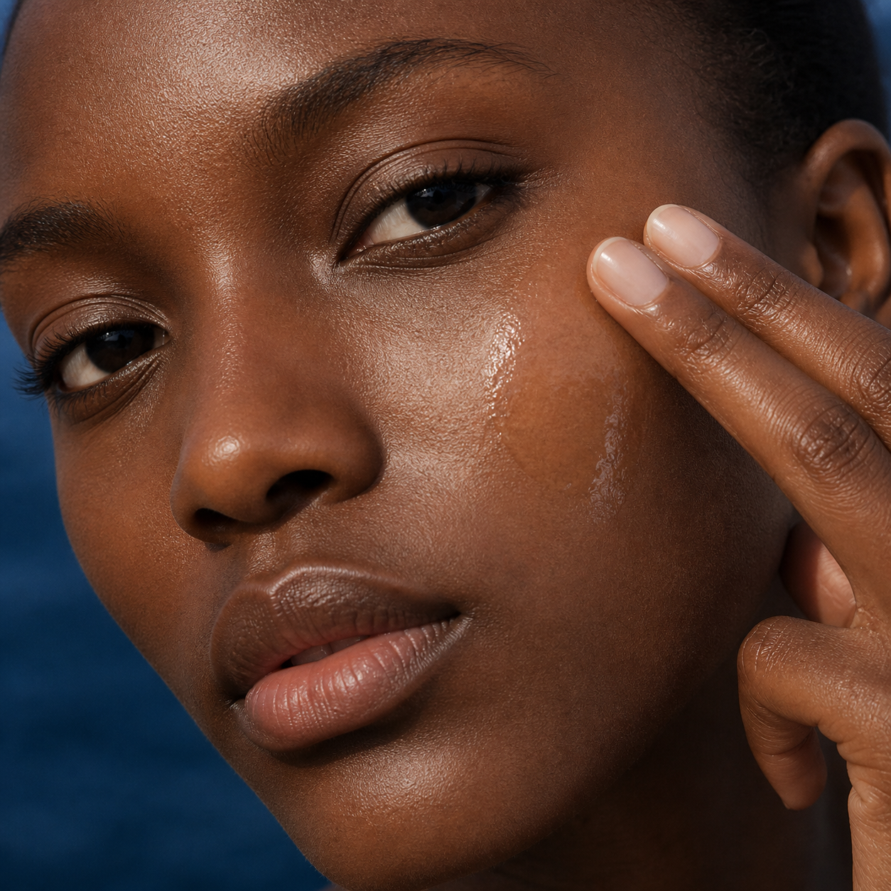 Close-up of a woman with dark skin touching her cheek with her index finger, showing smooth and glowing skin, dark eyes, and well-groomed eyebrows.