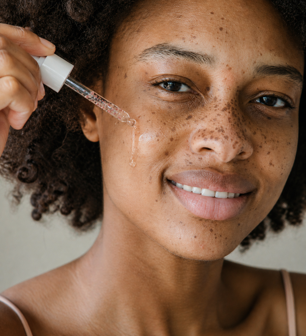 A woman with curly hair and freckles applying a facial serum with a dropper.