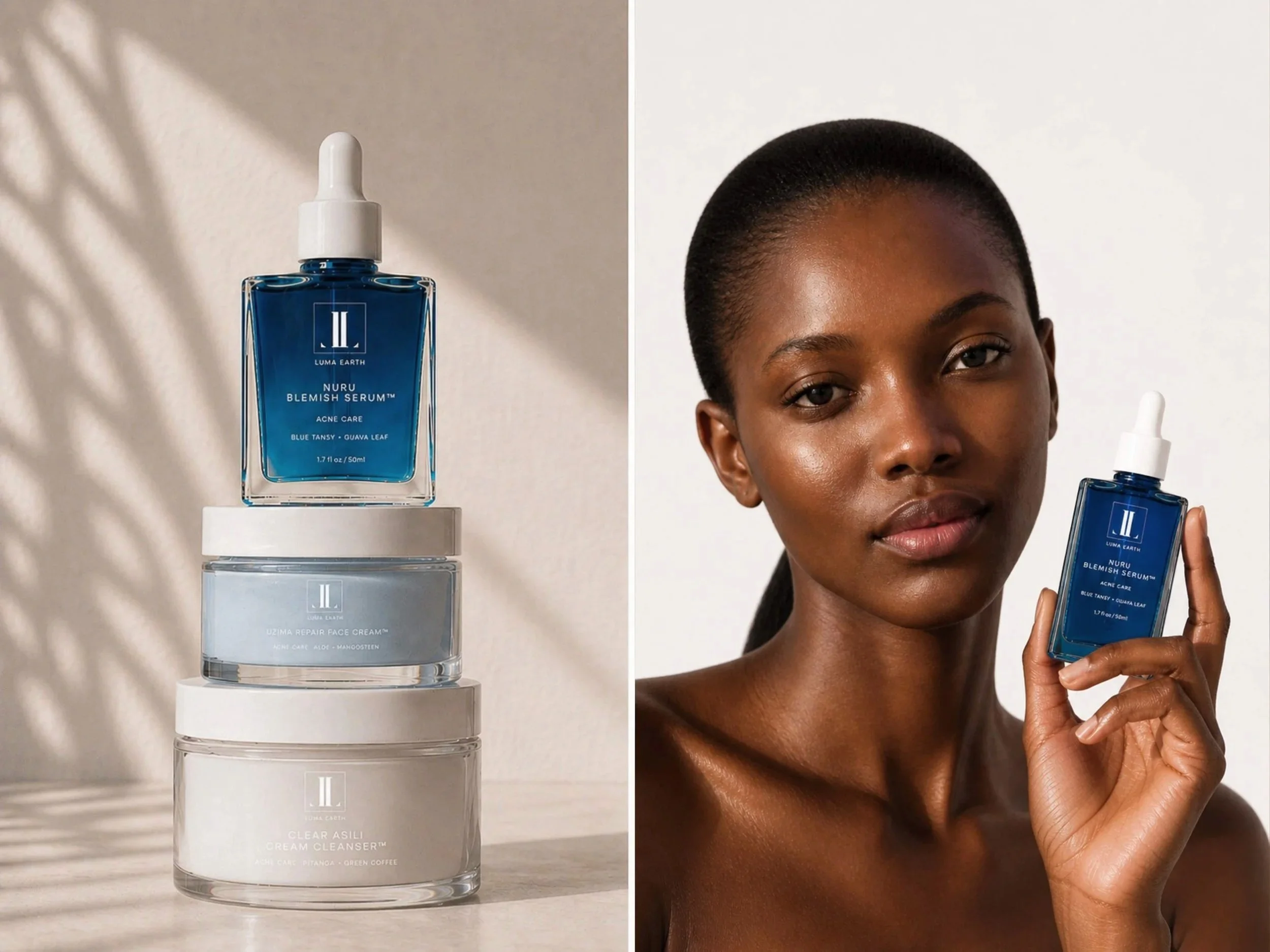 A woman with dark skin and short hair holding a blue bottle of skincare serum labeled "Nuru Blemish Serum" from Luma Earth, standing next to a stack of skincare jars including cream and cleanser