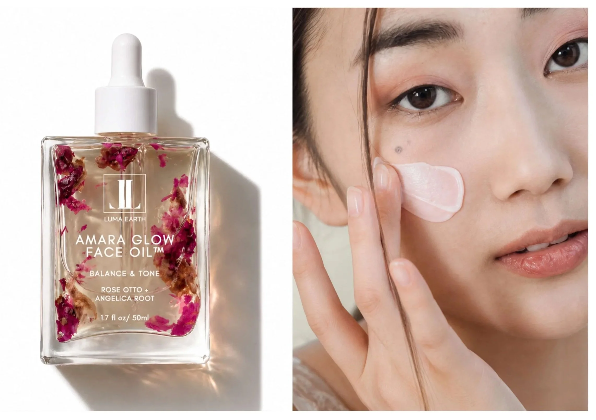 A skincare product called Amara Glow Face Oil in a glass bottle with a white dropper cap, containing pink flower petals inside. Next to the bottle, a woman is applying the face oil on her cheek, gently pressing her finger on her skin.