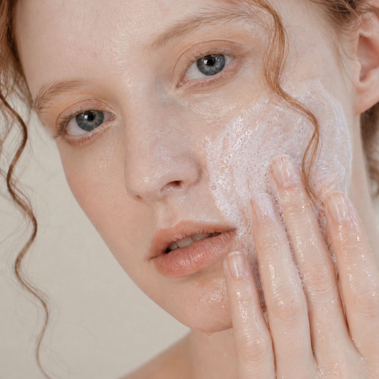 A woman with light skin and blue eyes applying a foamy face cleanser with her fingers.