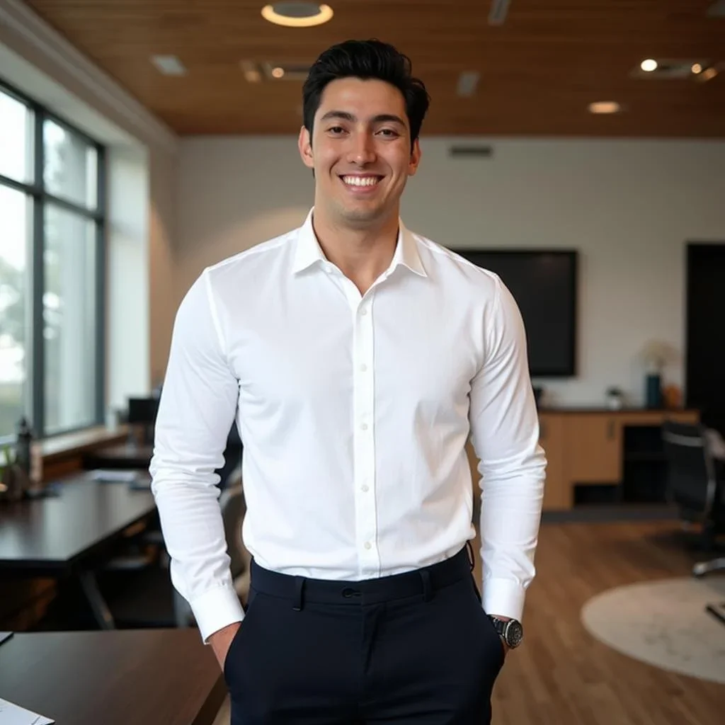 A smiling man in a white dress shirt and dark pants standing in a modern office with large windows and wooden accents.