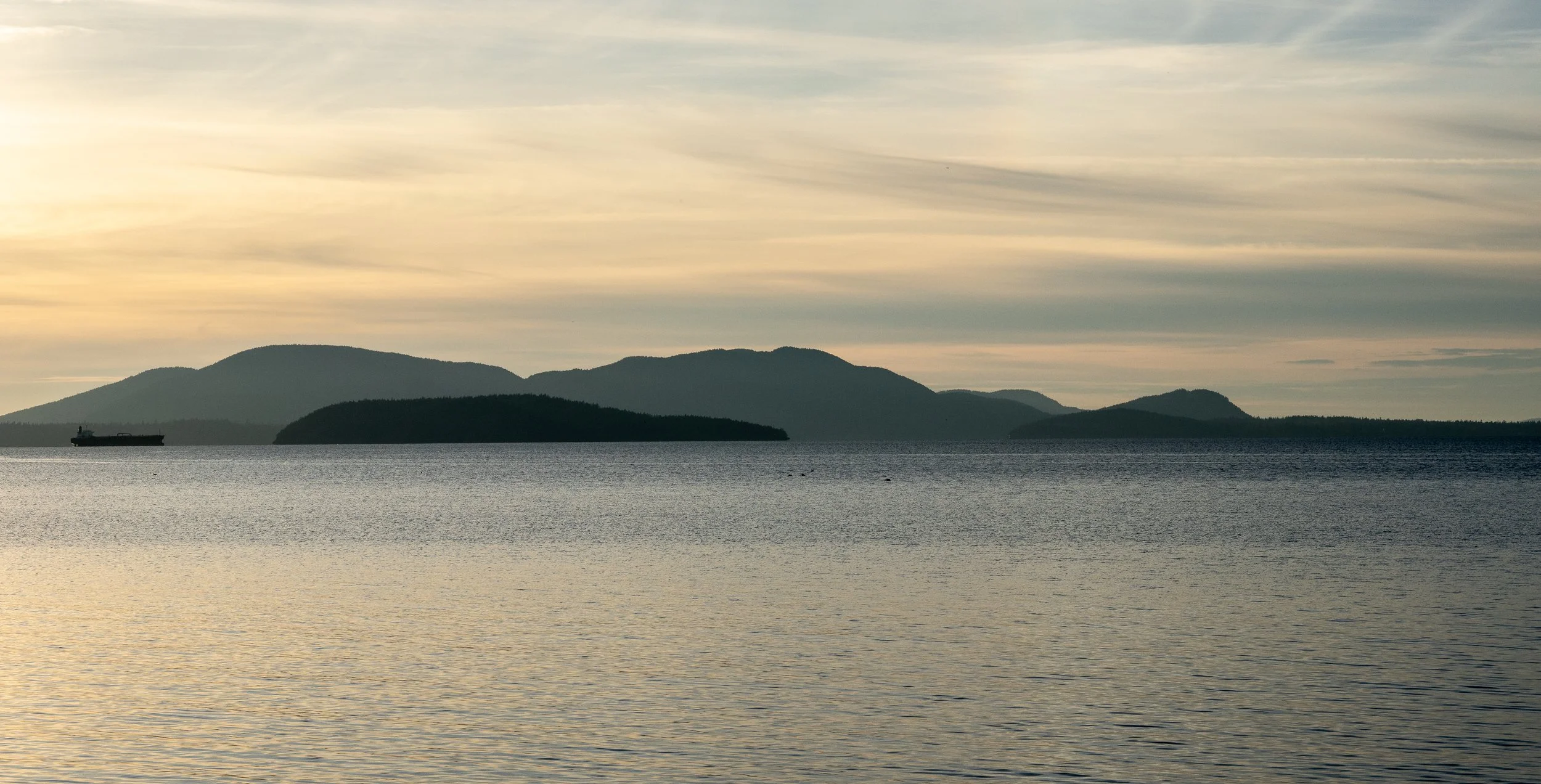 A calm body of water with distant mountains under a cloudy sky, and a cargo ship sailing on the left side of the water.