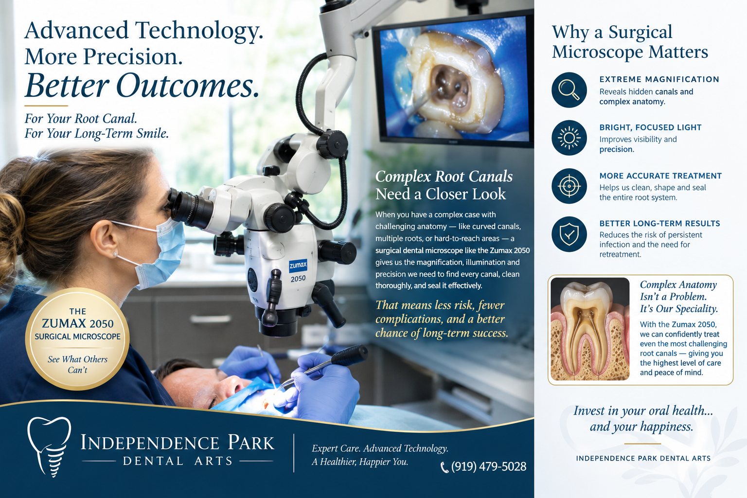A dentist using a surgical microscope, Zumax OMS 2050, for root canal treatment, with informational text about the importance of advanced technology in dentistry. Patient is also receiving excellent care, such as activated irrigation to cleanse tooth