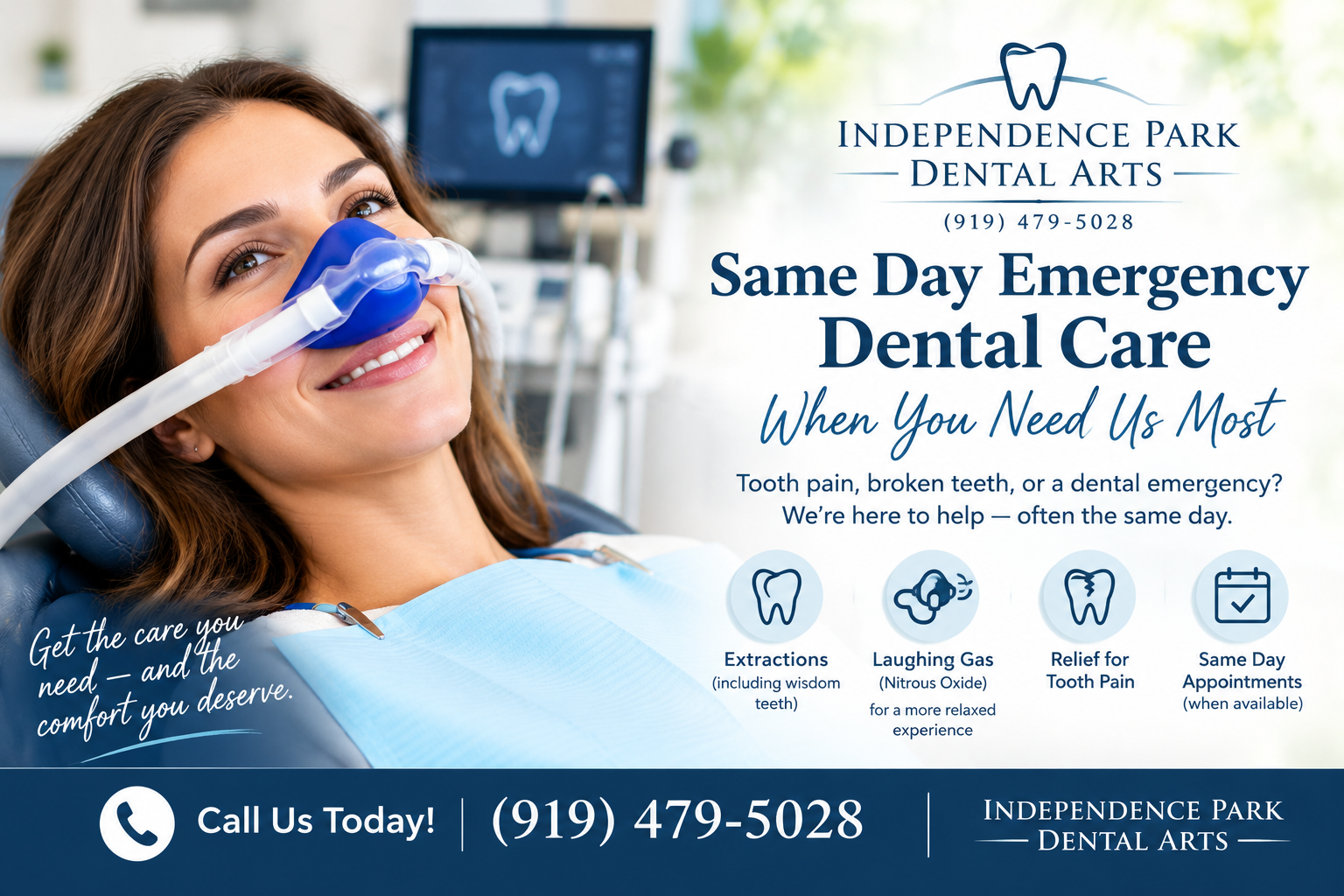 Dental advertisement featuring a woman smiling in dental chair with nitrous oxide hood on her nose, promoting same day emergency dental care, with icons for extractions, laughing gas, pain relief, and number to call and make appointments.