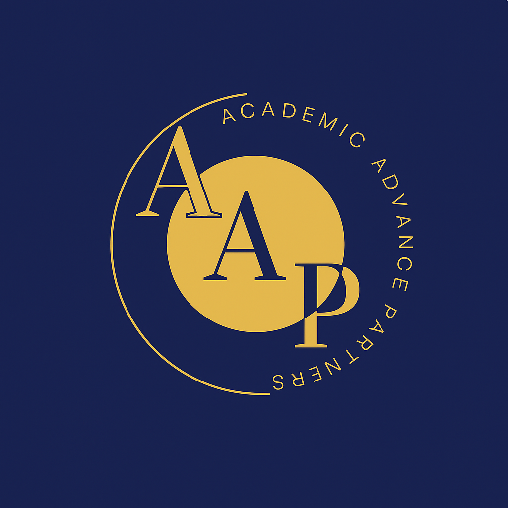 Logo for Academic Advance Partners with navy blue background, yellow and navy text, featuring the initials 'AAP' and the words 'Academic Advance Partners' arranged in a circular pattern.