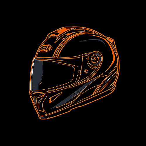 Illustration of a motorcycle helmet with orange outlines on a black background.