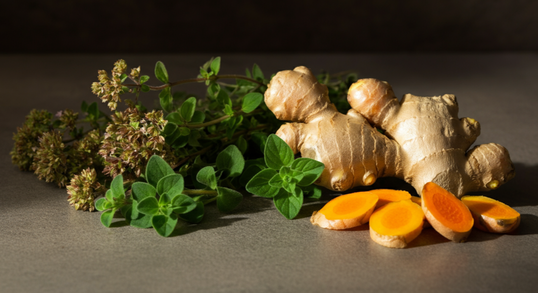 Fresh ginger root, sliced, with herbs including oregano and thyme on a neutral background.