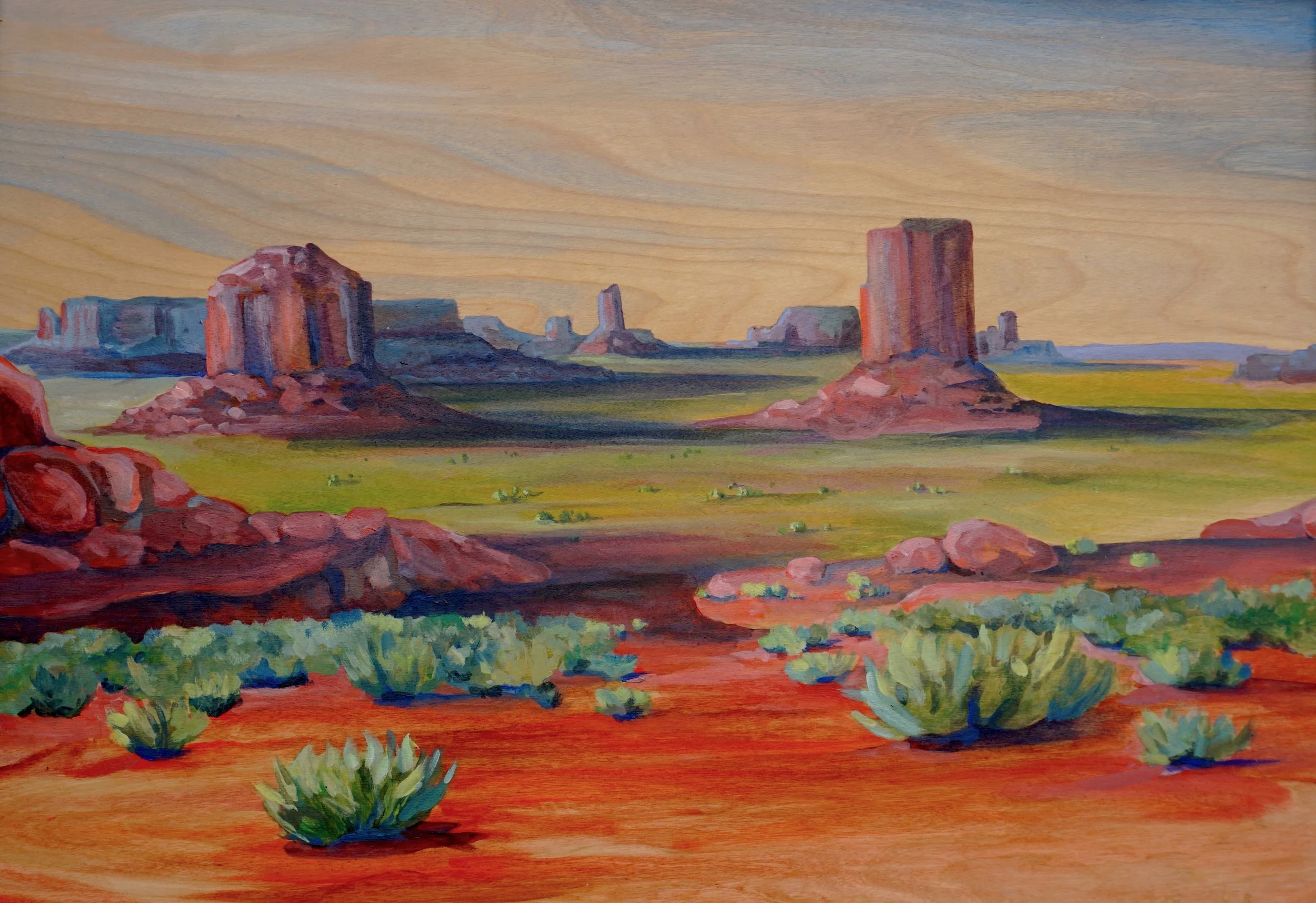 Painting of a desert landscape with red rock formations, green vegetation, and a cloudy sky.