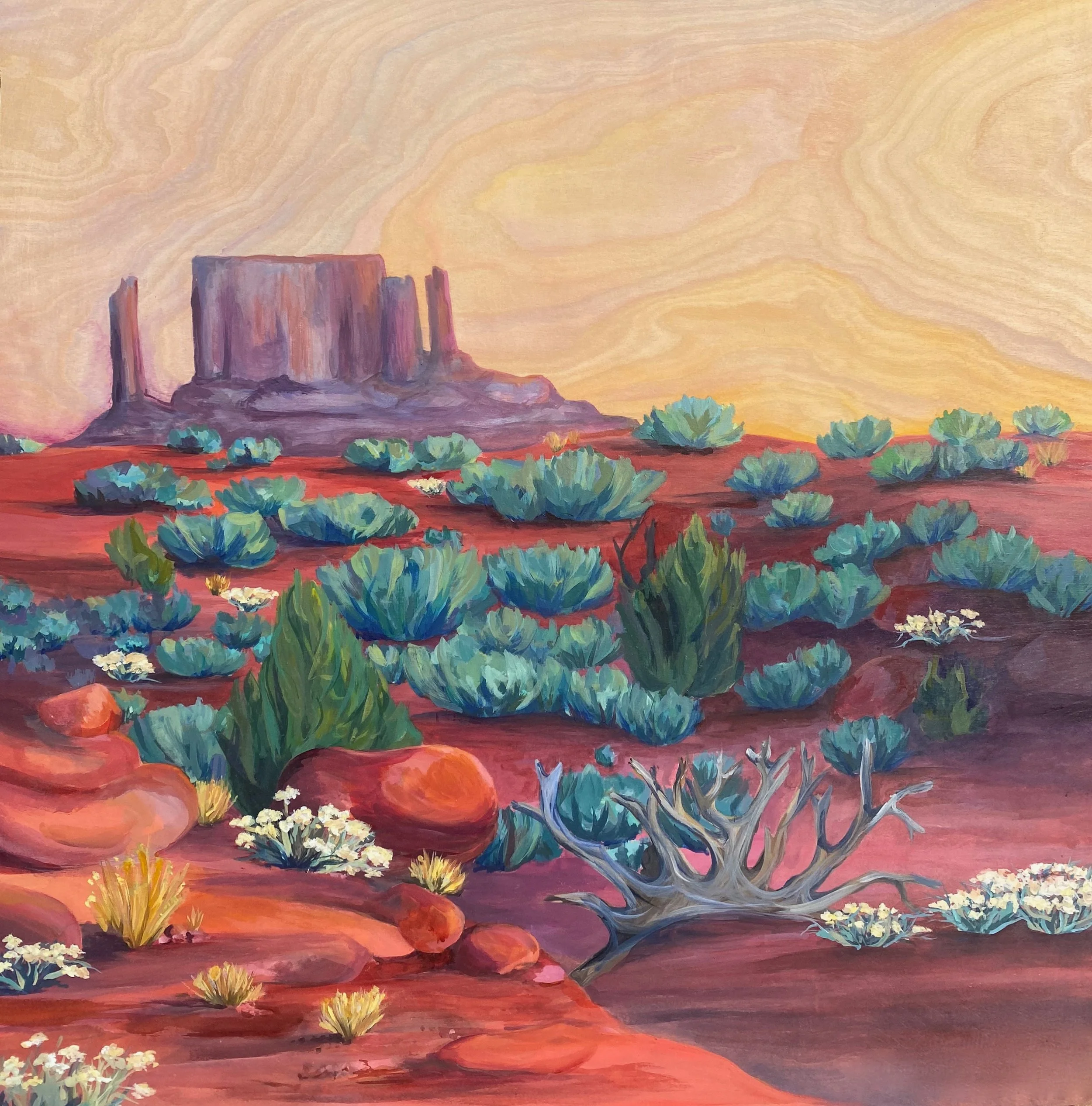 Colorful landscape painting of Utah's Monument Valley with large rock formations under a swirl-patterned sky and desert vegetation in the foreground.