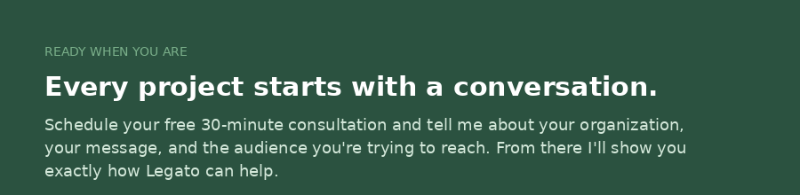 Green background with white text promoting free 30-minute consultations for project conversations and organization support.