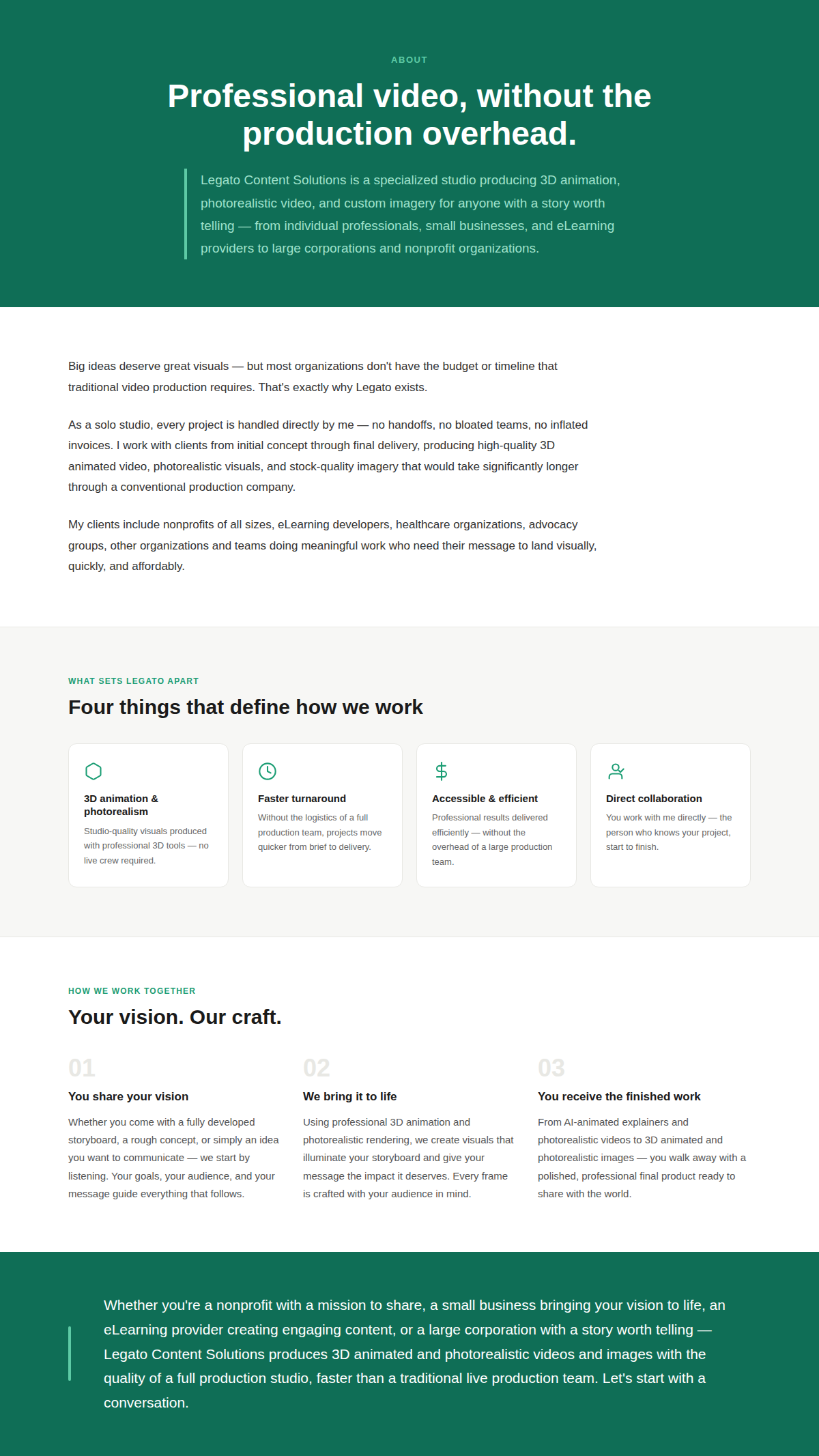 Webpage about professional video production services emphasizing 3D animation, photorealistic visuals, and efficiency for nonprofits, small businesses, and eLearning providers; features sections on workflow and collaboration.