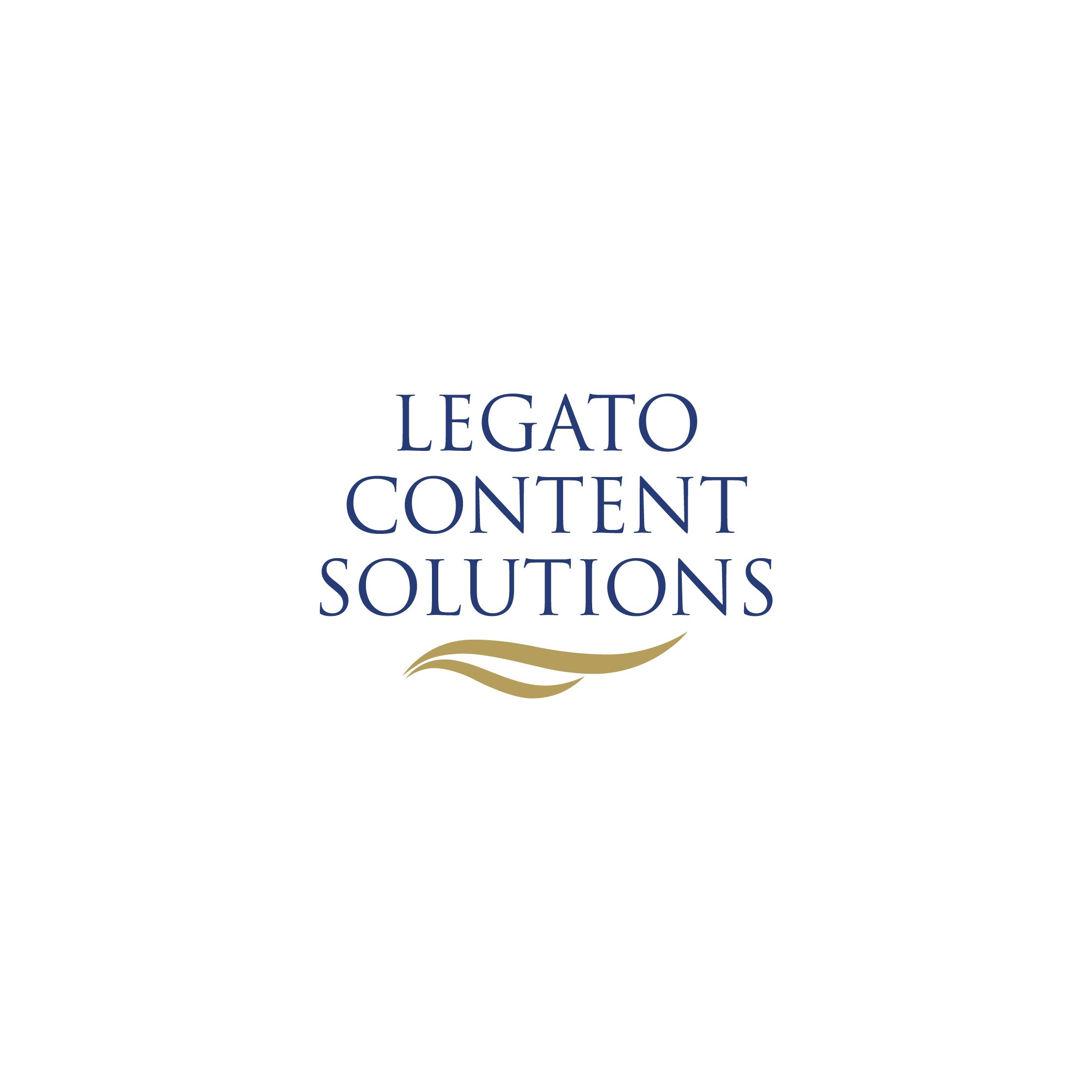 Logo with the words 'LEGATO CONTENT SOLUTIONS' in navy blue text, featuring a gold stylized wave underneath.