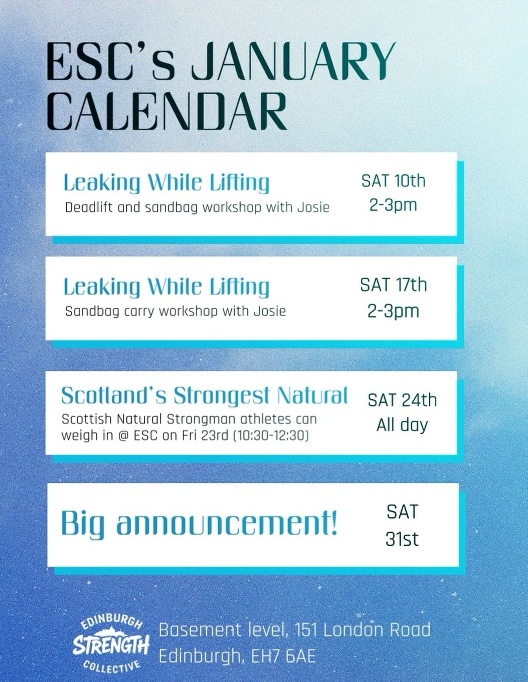WHATS ON @ ESC IN JANUARY 2026?

We have our Leaking While Lifting workshops with @josietipper_coach on Saturday 10th and Saturday 17th.

We are an official weigh in spot for @naturalstrongman_scotland on Fri 23rd and a lot of our members will be com