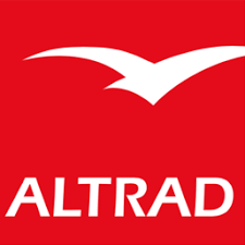 Logo van Altrad met een witte vogel op een rode achtergrond.