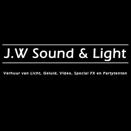 Logo van J.W Sound & Light met de tekst 'Verhuur van Licht, Geluid, Video, Special FX en Partytenten' op een zwarte achtergrond.