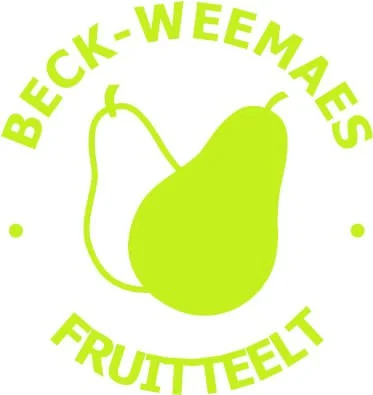 Groen logo met een illustratie van een peer en de tekst 'BECK-WEEMAES FRUITTEELT' in een ronde vorm.