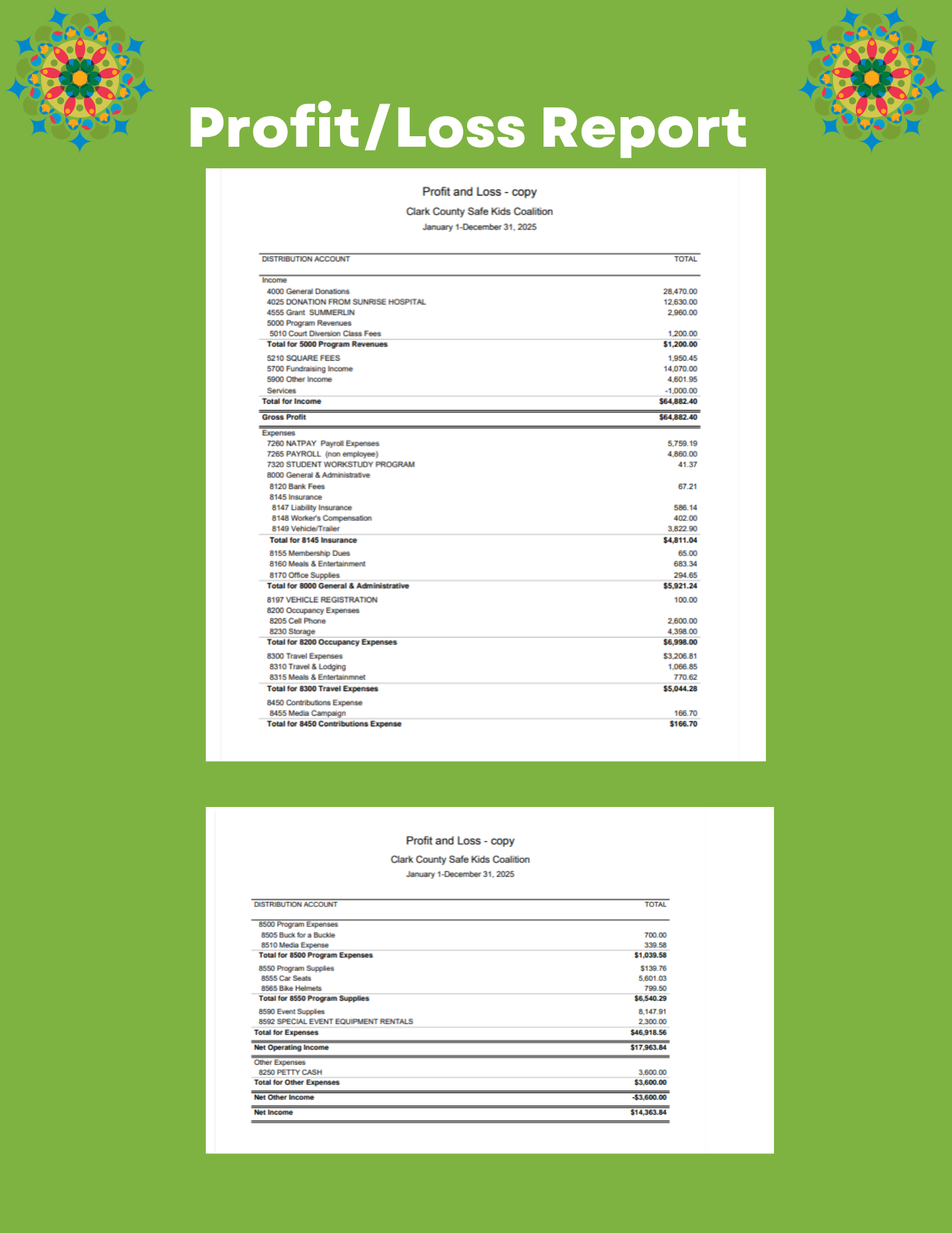 Profit and loss report for Clark County Safe Kids Coalition with income, expenses, and net income details dated January 1, 2024, to January 1, 2025.