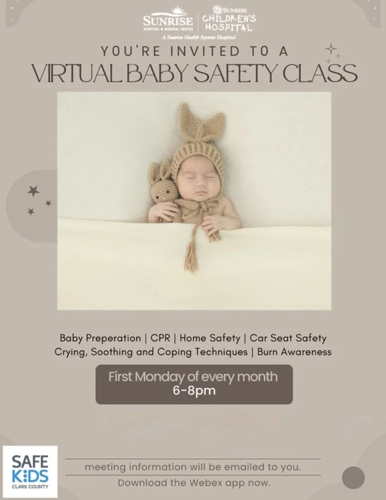 Invitation for a virtual baby safety class featuring a sleeping baby wearing a knitted bunny hat, holding a stuffed bunny, with details about the class and safety topics listed on the flyer.