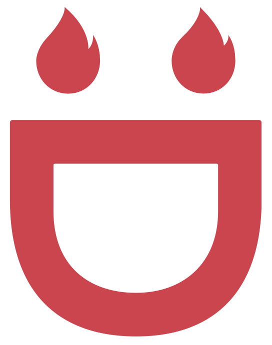 Graphic of a smiling face with two flames for hair and a wide open mouth, resembling a happy fire emoji.