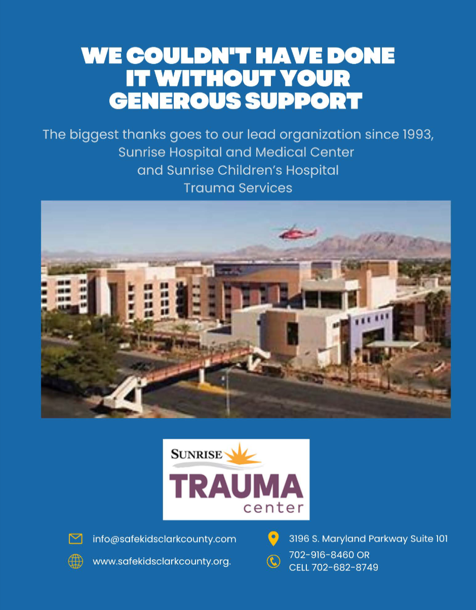 Flyer expressing gratitude to Sunrise Trauma Center, with a photo of the hospital and a helicopter in the background.