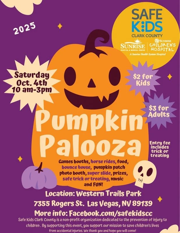 Halloween event poster titled Pumpkin Palooza with info for a Saturday, October 4th event from 10 am to 3 pm at Western Trails Park, Las Vegas. Features include costume trick-or-treating, games, booths, horse rides, food, bounce house, pumpkin patch, photo booth, prizes, music, and fun. Entry fee is $2 for kids and $3 for adults.