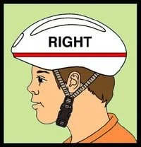 Profile of a person wearing a white bike helmet labeled 'RIGHT' with a red stripe, against a light green background.