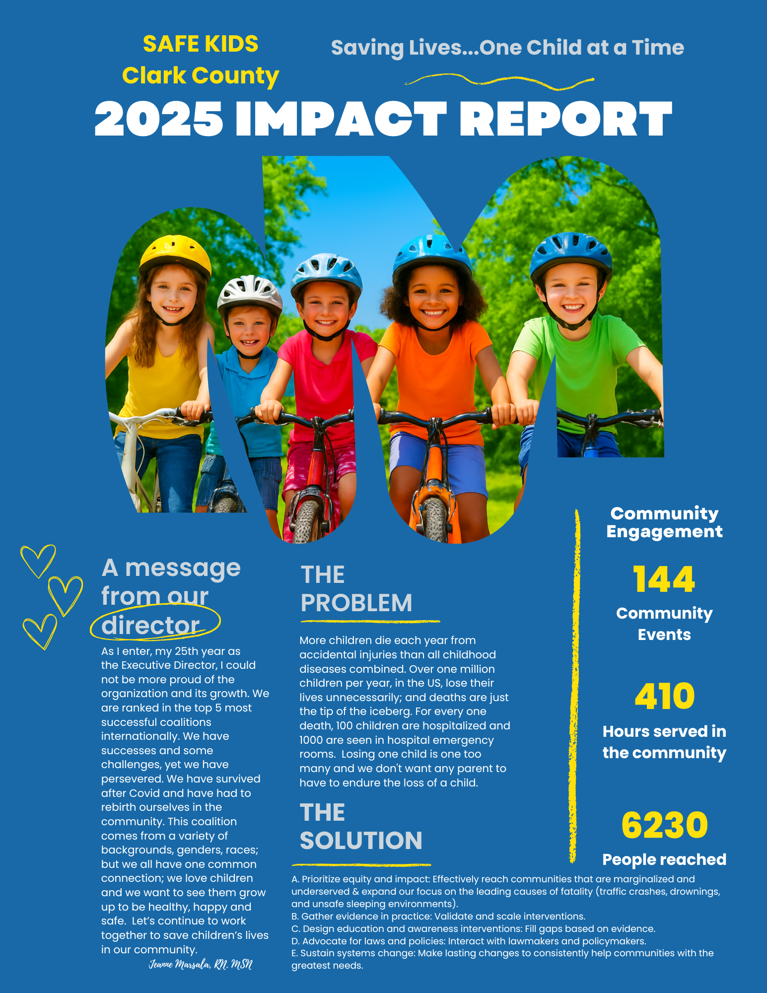 Poster titled 'Advocacy in Child Safety' with five photos of children, colorful icons, and a large tree with green leaves and red and yellow fruits at the bottom. The poster emphasizes health equity, social categories, science-based practices, systems change, and community collaboration for child safety, and is affiliated with SAFE Kids Clark County and Sunrise Trauma Center.