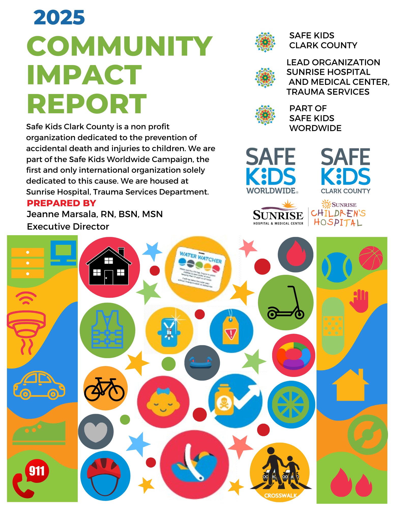 Cover page of the 2024 Community Impact Report for Safe Kids Clark County featuring colorful circular and abstract patterns, logos of Safe Kids Worldwide, Safe Kids Clark County, Sunrise Children's Hospital, and various icons representing community and safety.